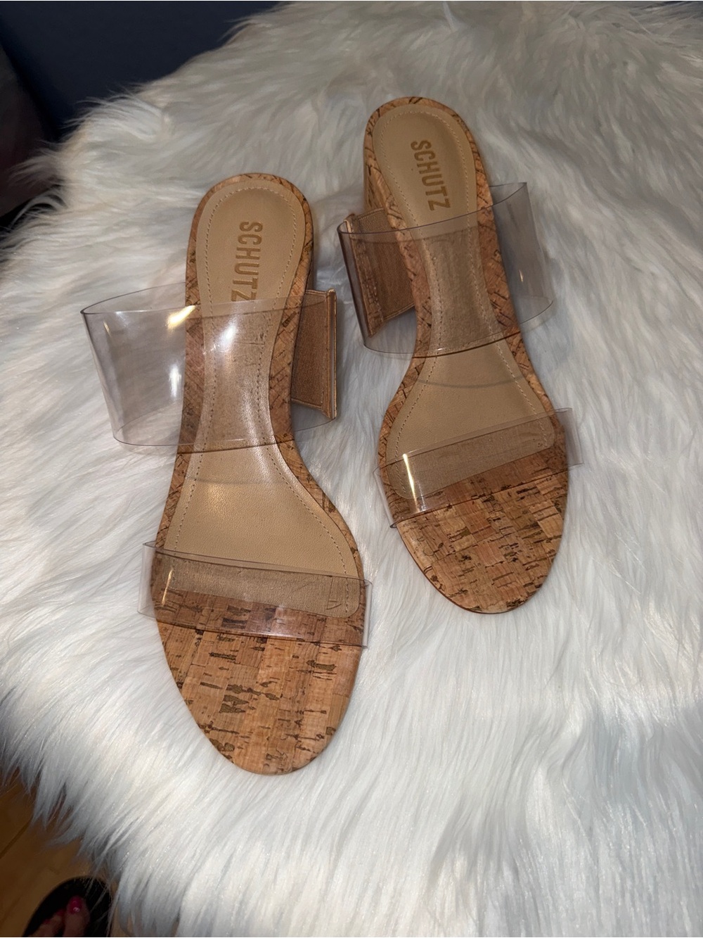 SCHUTZ Clear Cork Slide Sandals in Natural Cork